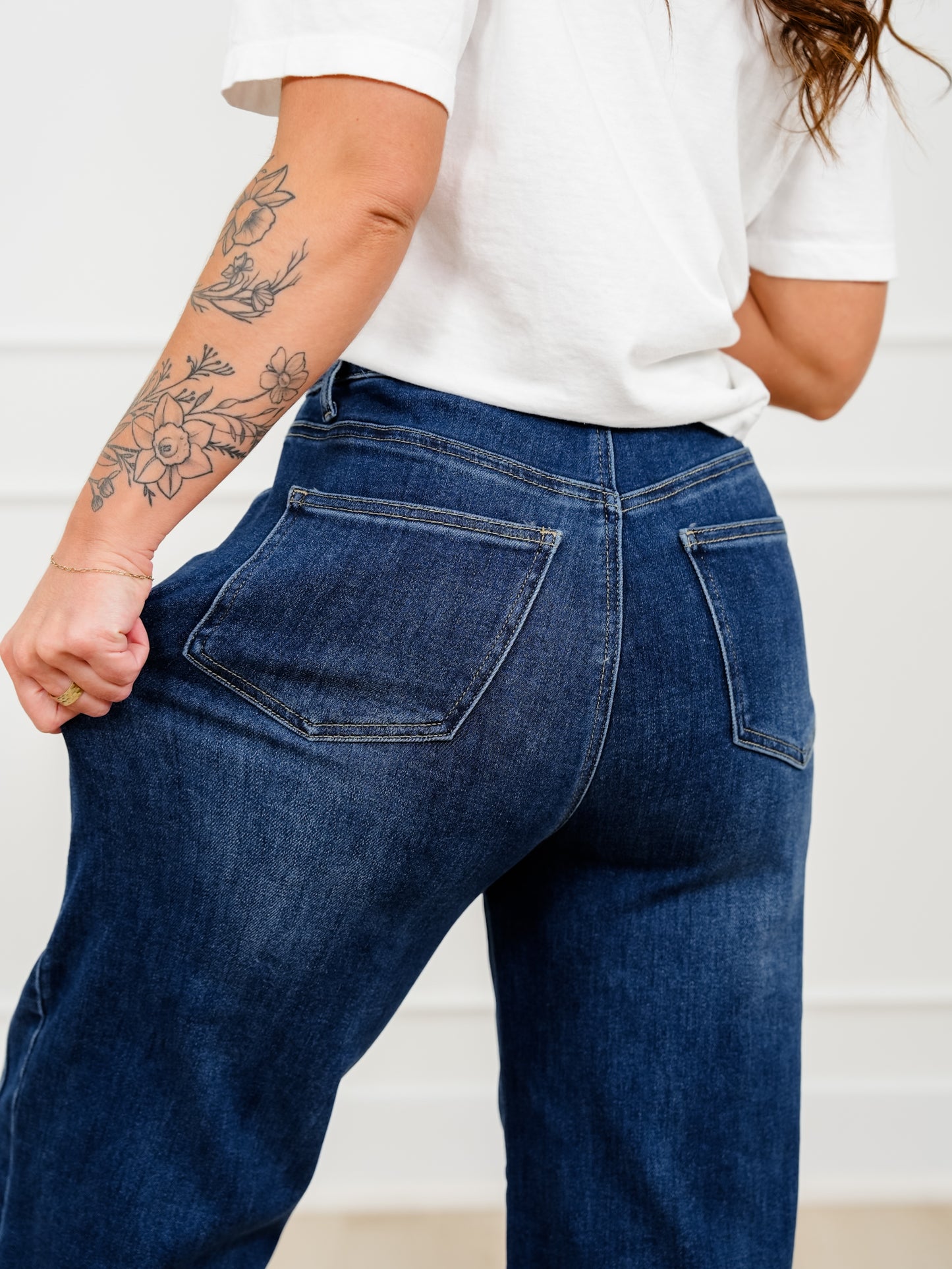 Saige High Rise Dark Wash Tummy Control Low Curve Barrel Jeans