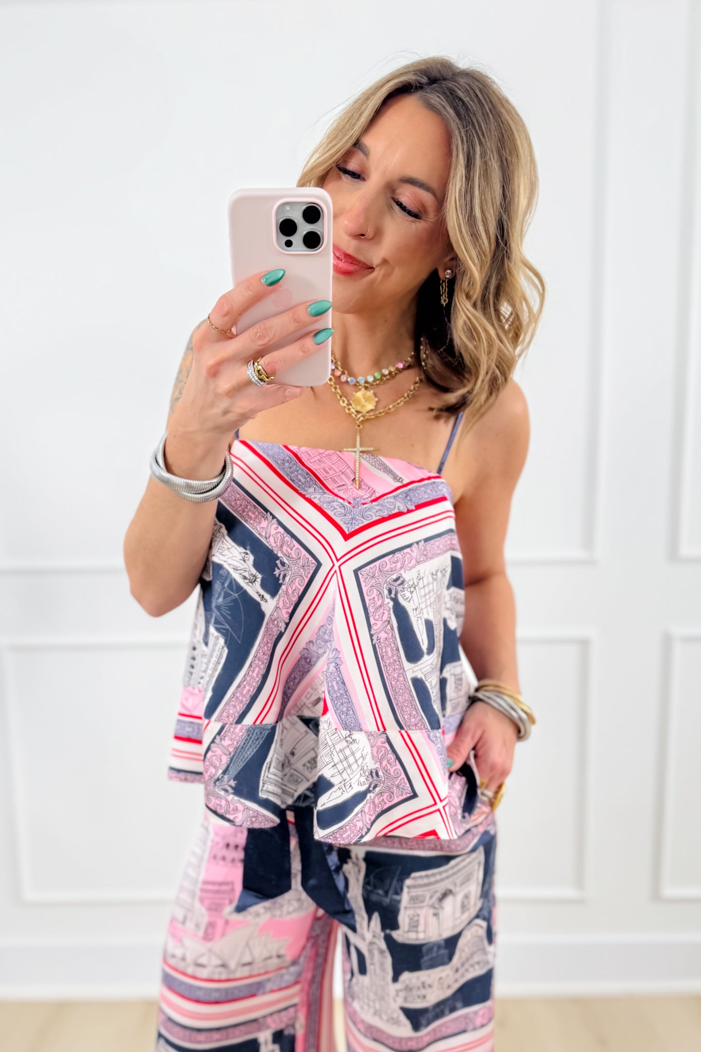 Destination Print Tank Top With Back Tie