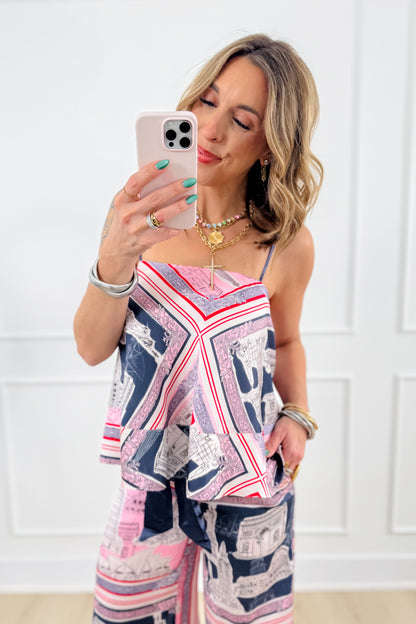 Destination Print Tank Top With Back Tie