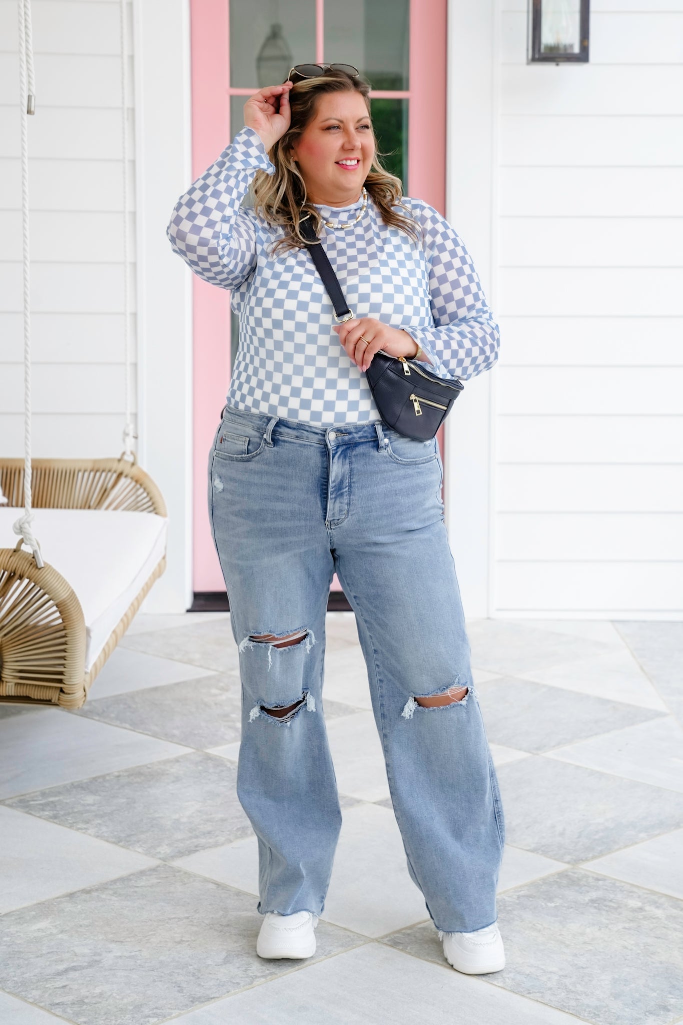 Plus/Reg Checkered Mesh Long Sleeve Mock Neck Top