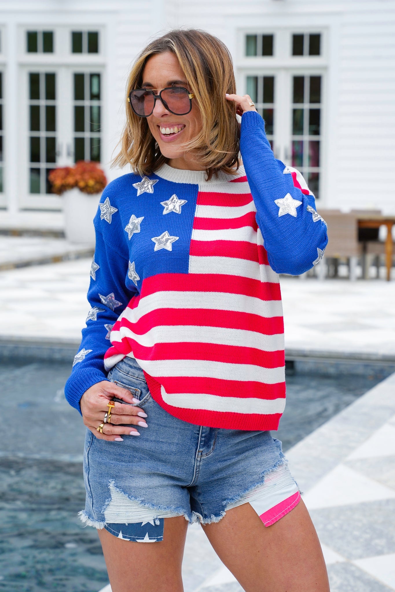 Restock! American Flag Long Sleeve Pullover Sweater with Sequin Detail