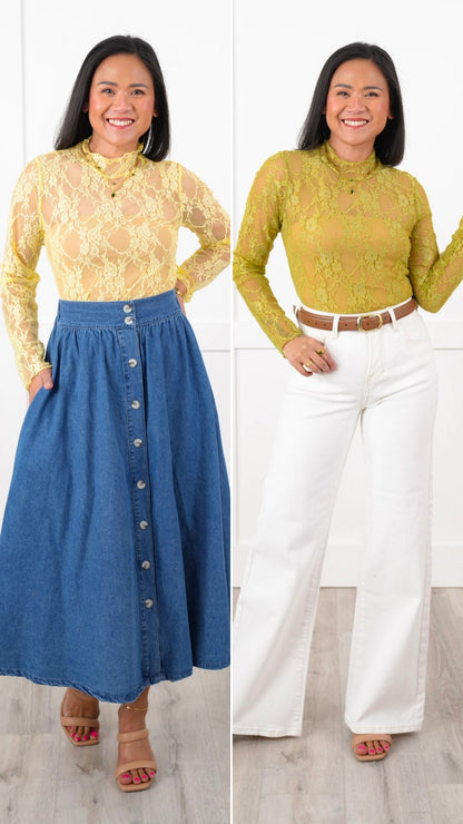 Plus/Reg Floral Lace Long Sleeve Mock Neck Top