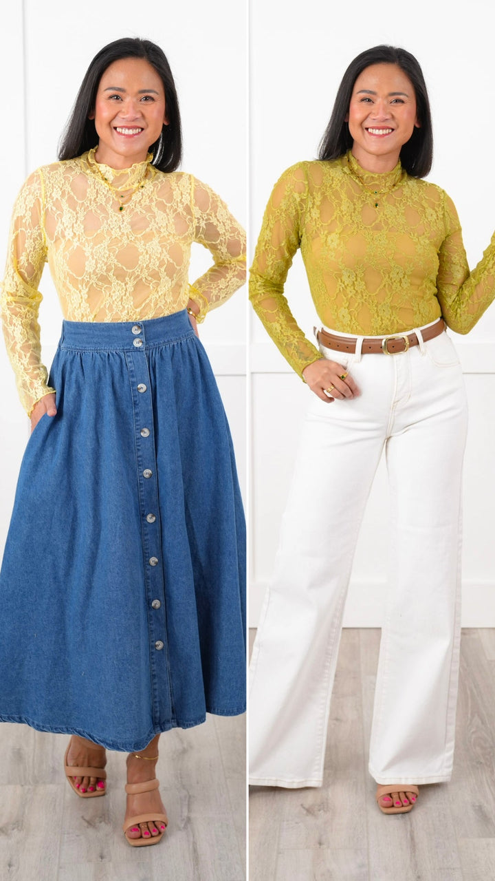 Plus/Reg Floral Lace Long Sleeve Mock Neck Top
