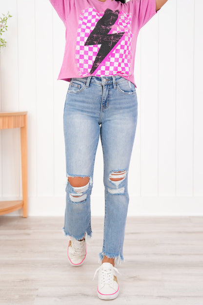 Lovervet High Rise Medium Wash Distressed Cropped Flare Jeans