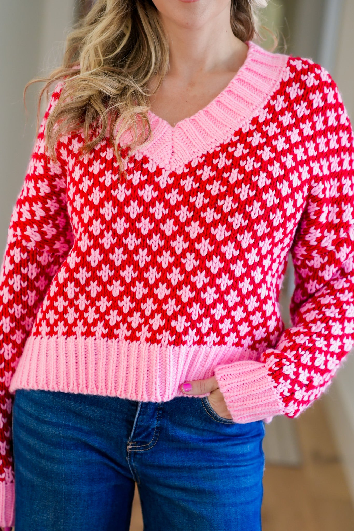 Textured Knit Long Sleeve V Neck Sweater