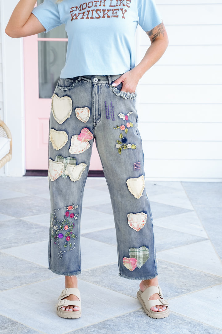 Denim Relaxed Fit Jeans with Embroidered Patchwork Detail