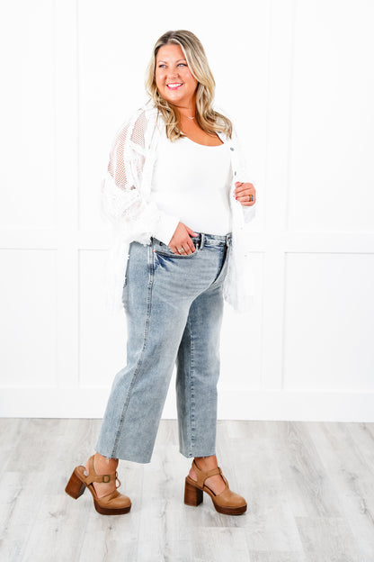 Judy Blue The Olivia Mid Rise Light Wash Tummy Control Raw Hem Cropped Wide Leg Jeans