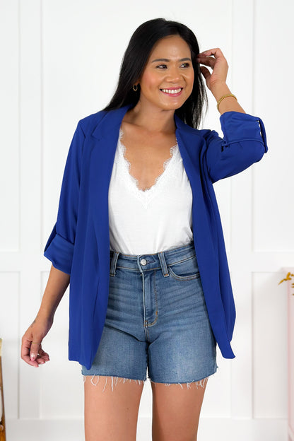 DOOR BUSTER! Plus/Reg Solid Long Sleeve Open Blazer With Side Pockets (Multiple Colors)