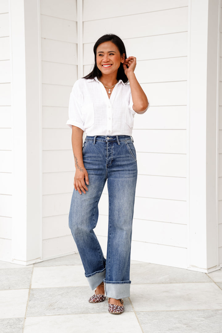 Mica High Rise Medium Wash Cuffed Wide Leg Jeans with Hidden Button Fly