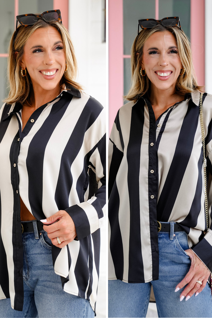 Satin Stripe Long Sleeve Button Down Blouse
