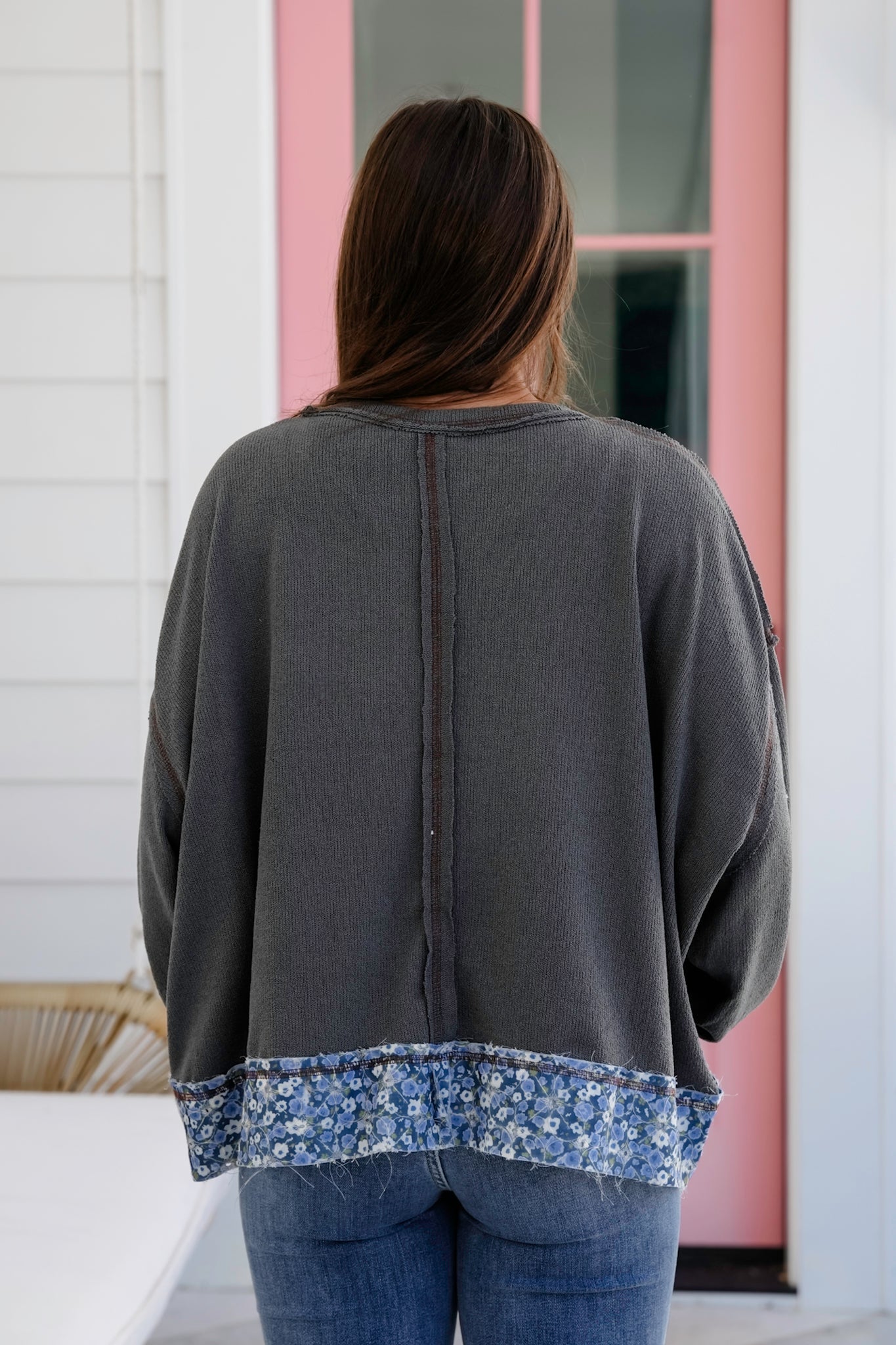 POL Knit Long Sleeve Top with Floral "Love" Patch Detail