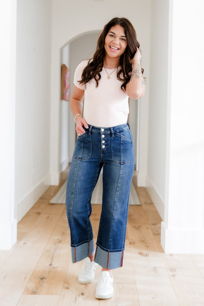 Risen Multi Inseam High Rise Dark Wash Cropped Wide Cuffed Straight Leg Jeans