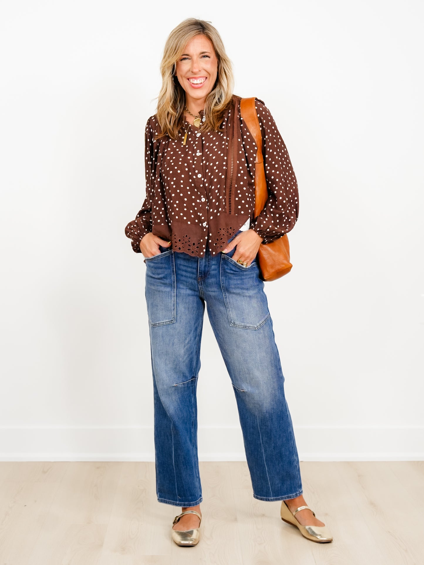 Polka Dot Long sleeve Button Down Top with Eyelet Trim - Freckled Poppy