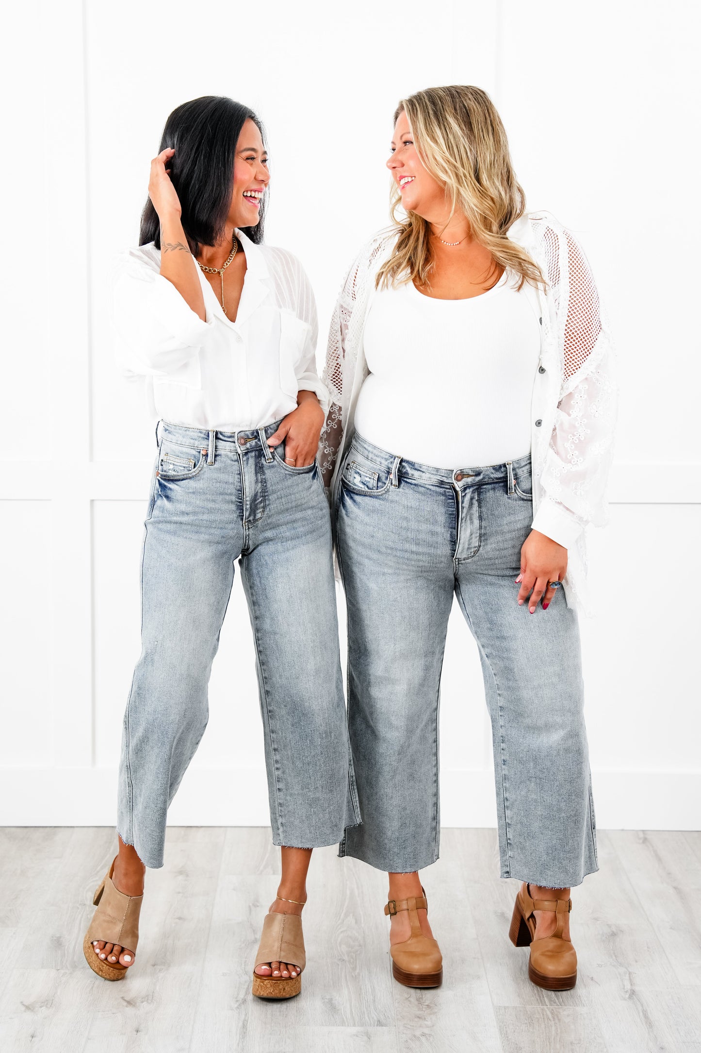 Judy Blue The Olivia Mid Rise Light Wash Tummy Control Raw Hem Cropped Wide Leg Jeans