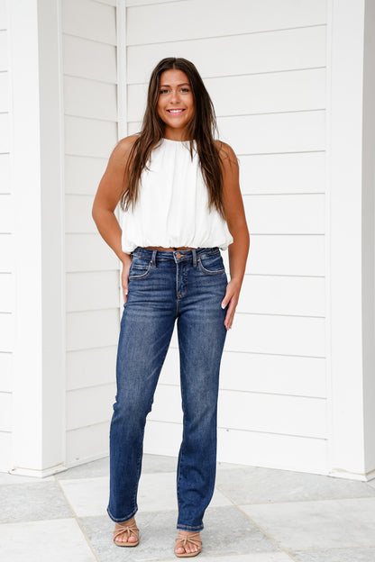 Risen The One and Only High Rise Dark Wash Tummy Control Ankle Straight Leg Jeans with Adjustable Waistband