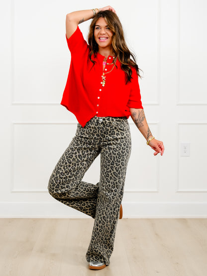 Restock! Risen Mid Rise Leopard Wide Leg Jeans