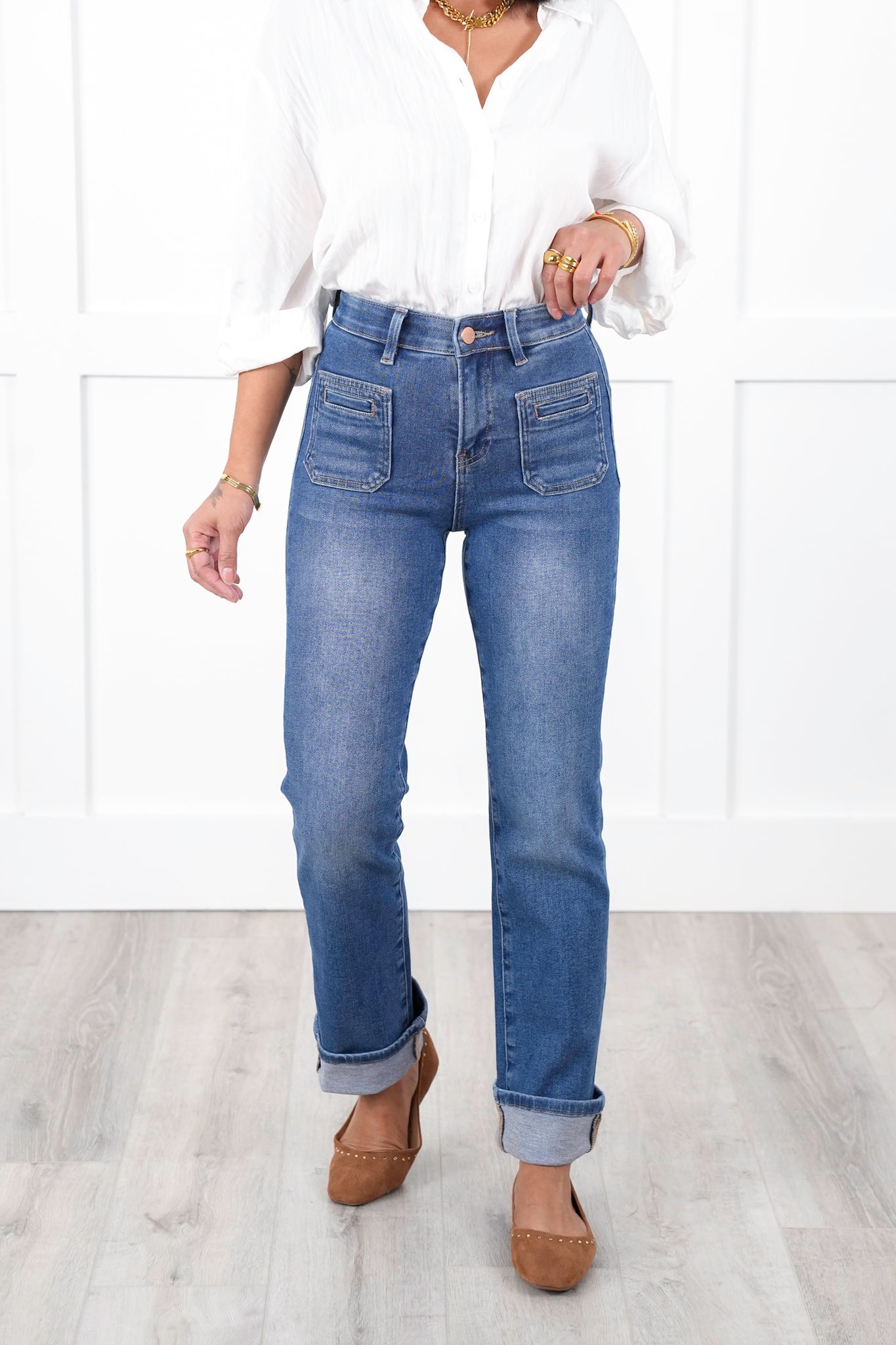 Risen High Rise Medium Wash Elastic Waistband Slim Straight Leg Jeans with Front Patch Pockets