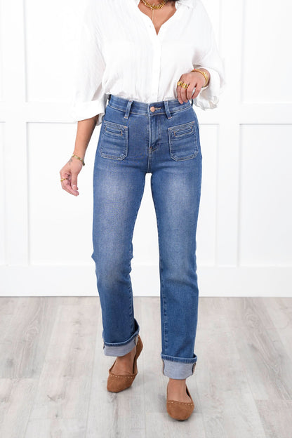 Risen High Rise Medium Wash Elastic Waistband Slim Straight Leg Jeans with Front Patch Pockets