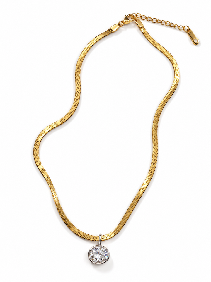 Gold Herringbone Blade Chain with White Oval Pendant