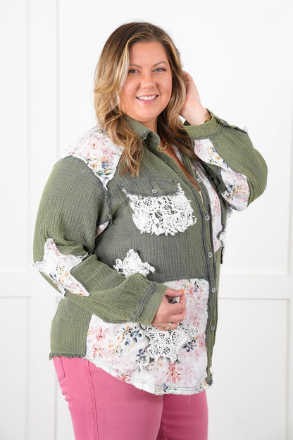 Restock! POL Gauze Long Sleeve Button Down Shacket with Floral and Lace Detail