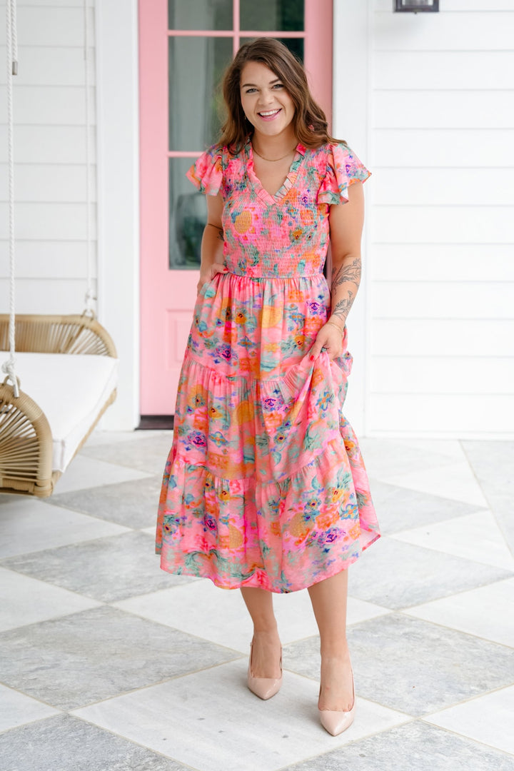 Floral Print Ruffle Sleeve V Neck Smocked Tiered Maxi Dress