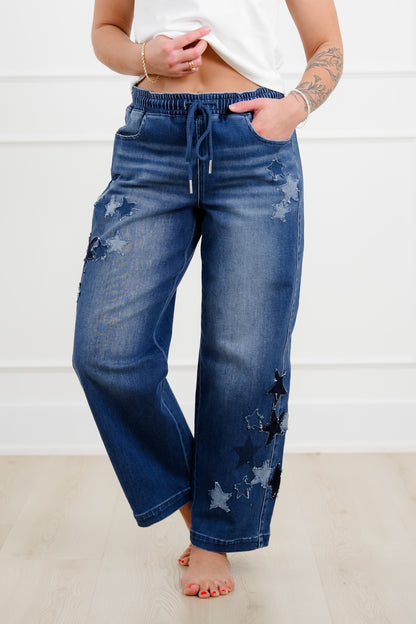 Risen Dark Wash Elastic Waistband Slouchy Barrel Star Patch Jeans