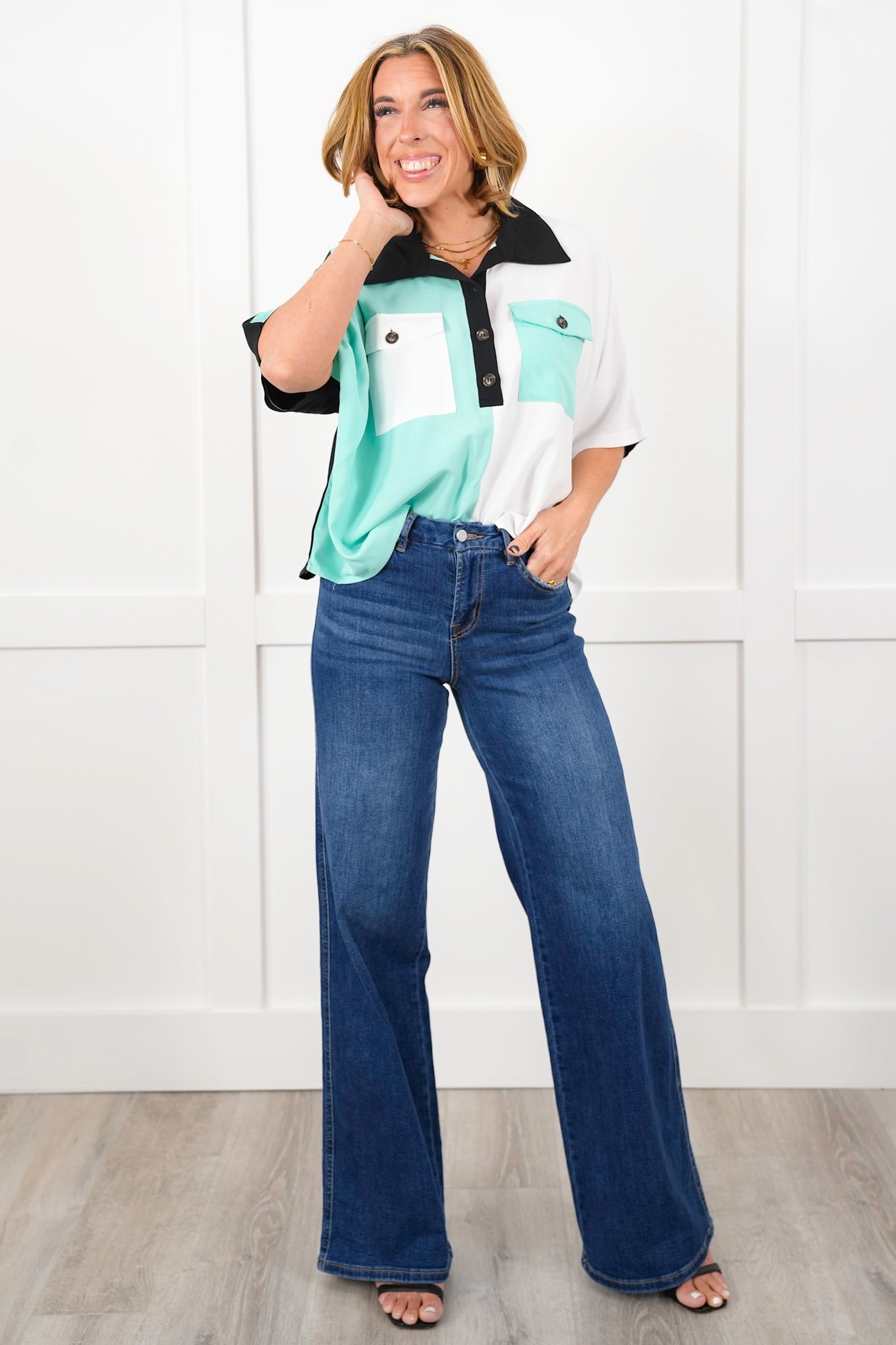 Color Block Short Dolman Sleeve Button Up Top