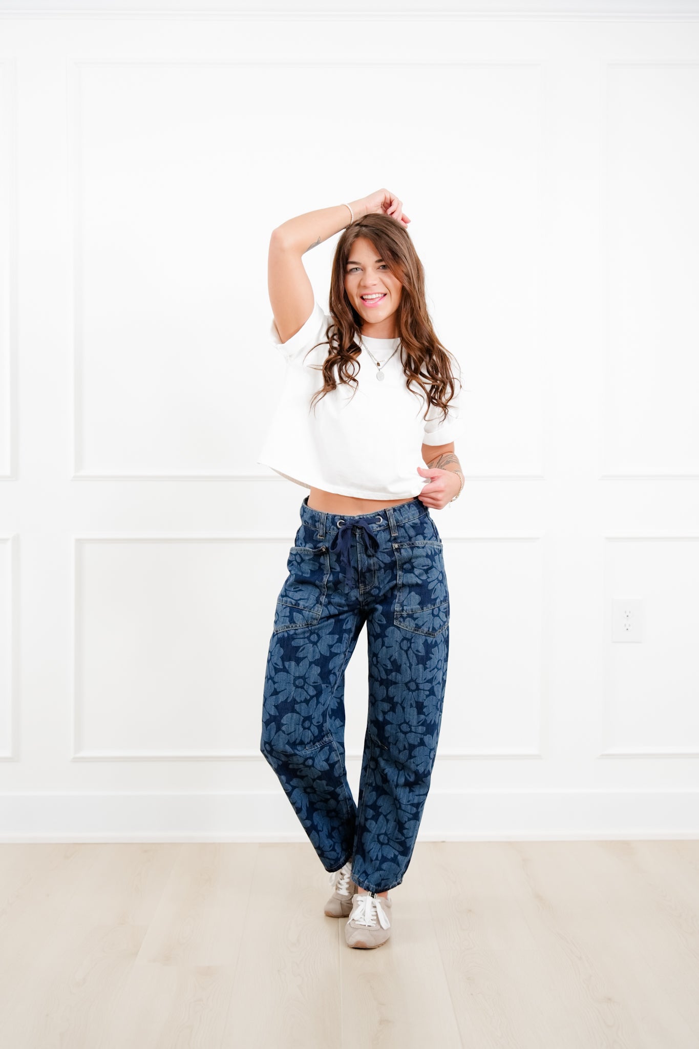 Risen Mid Rise Dark Wash Floral Relaxed Barrel Jeans