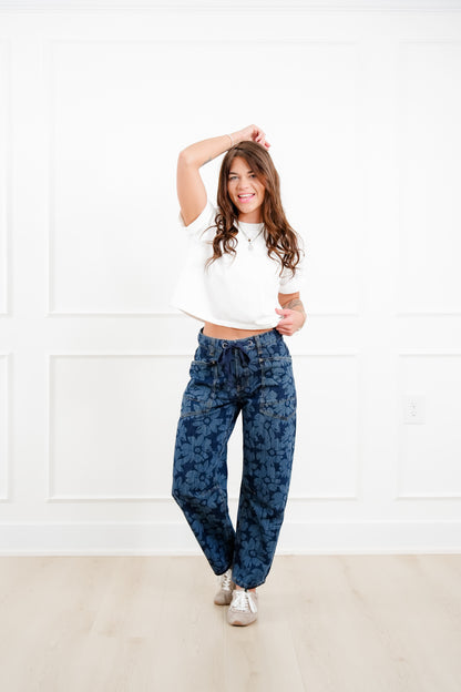 Risen Mid Rise Dark Wash Floral Relaxed Barrel Jeans