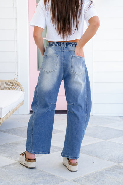 Restock! Non-Distressed Barrel Jeans with Elastic Waist Detail