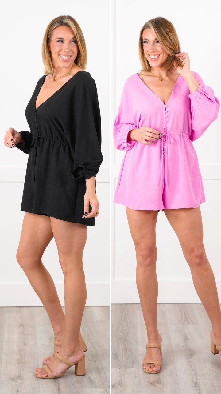 Solid 3/4 Dolman Sleeve V Neck Button Up Romper
