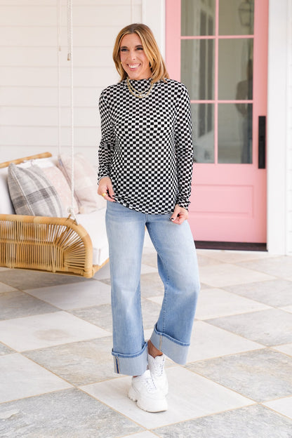 Plus/Reg Checkered Long Sleeve Mock Neck Mesh Top