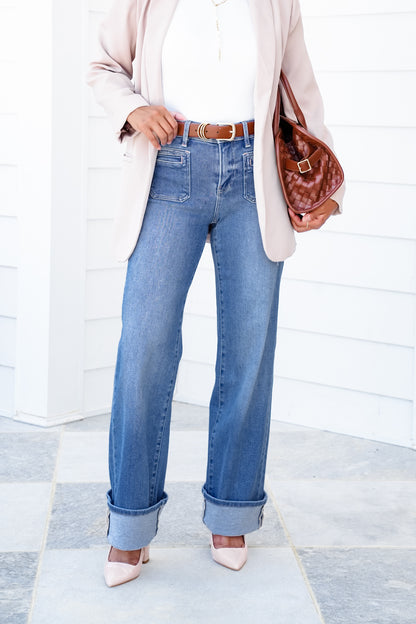 Risen High Rise Medium Wash Wide Leg Cuffed Front Patch Pocket Jeans with Elastic Waistband