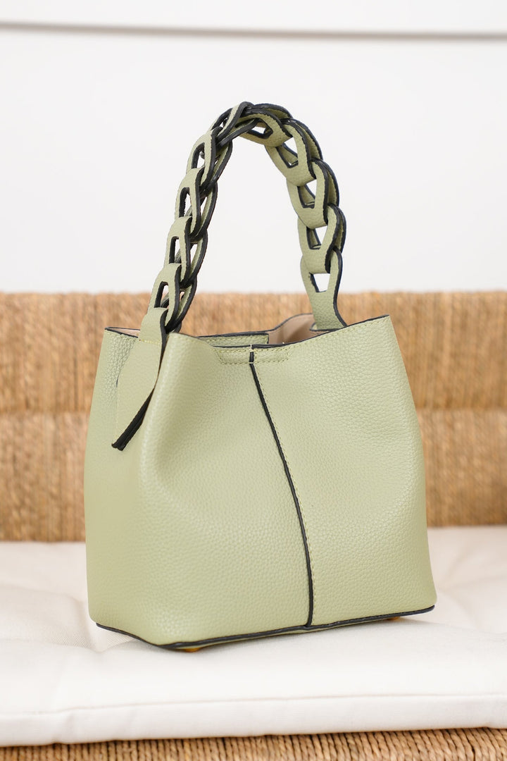 Light Sage Vegan Leather Bucket Bag with Chain Link Handle