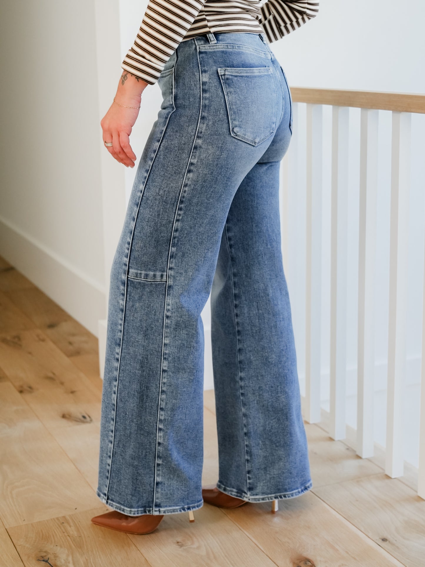 Risen High Rise Medium Wash Wide Leg Jeans With Contrast Side Panel