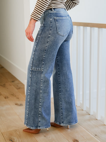 Risen High Rise Medium Wash Wide Leg Jeans With Contrast Side Panel
