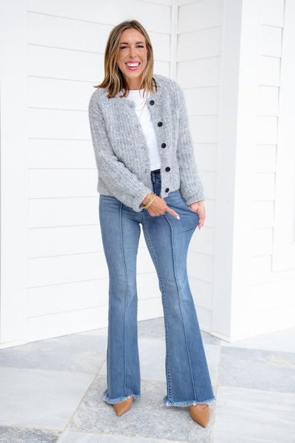 Judy Blue High Rise Medium Wash Flare Jeans with Frayed Hem and Pintuck Front Seam