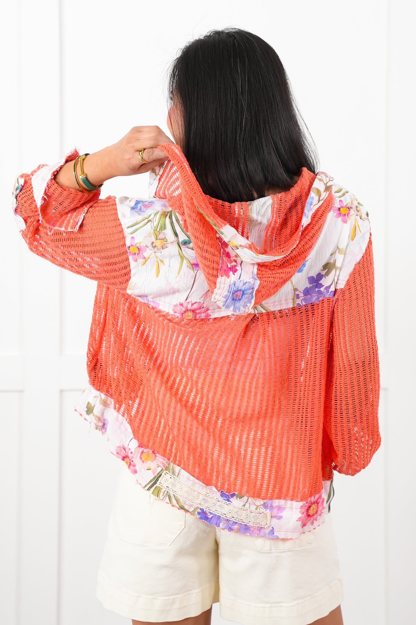 POL Crochet Long Sleeve Button Down Hooded Jacket with Floral Detail