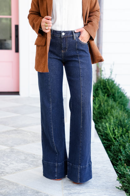 Risen Poppy Lane Mid Rise Dark Wash Wide Leg Jeans with Wide Hem