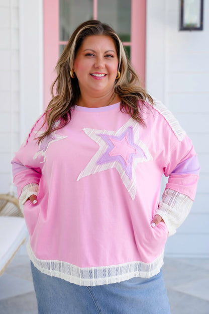 Long Sleeve Round Neck Top with Star Patch Detail