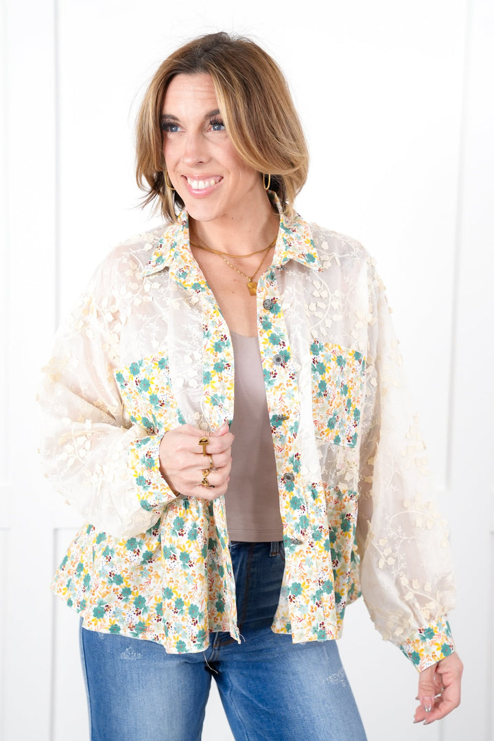 POL Sheer Lace Long Sleeve Button Down Top with Floral Detail