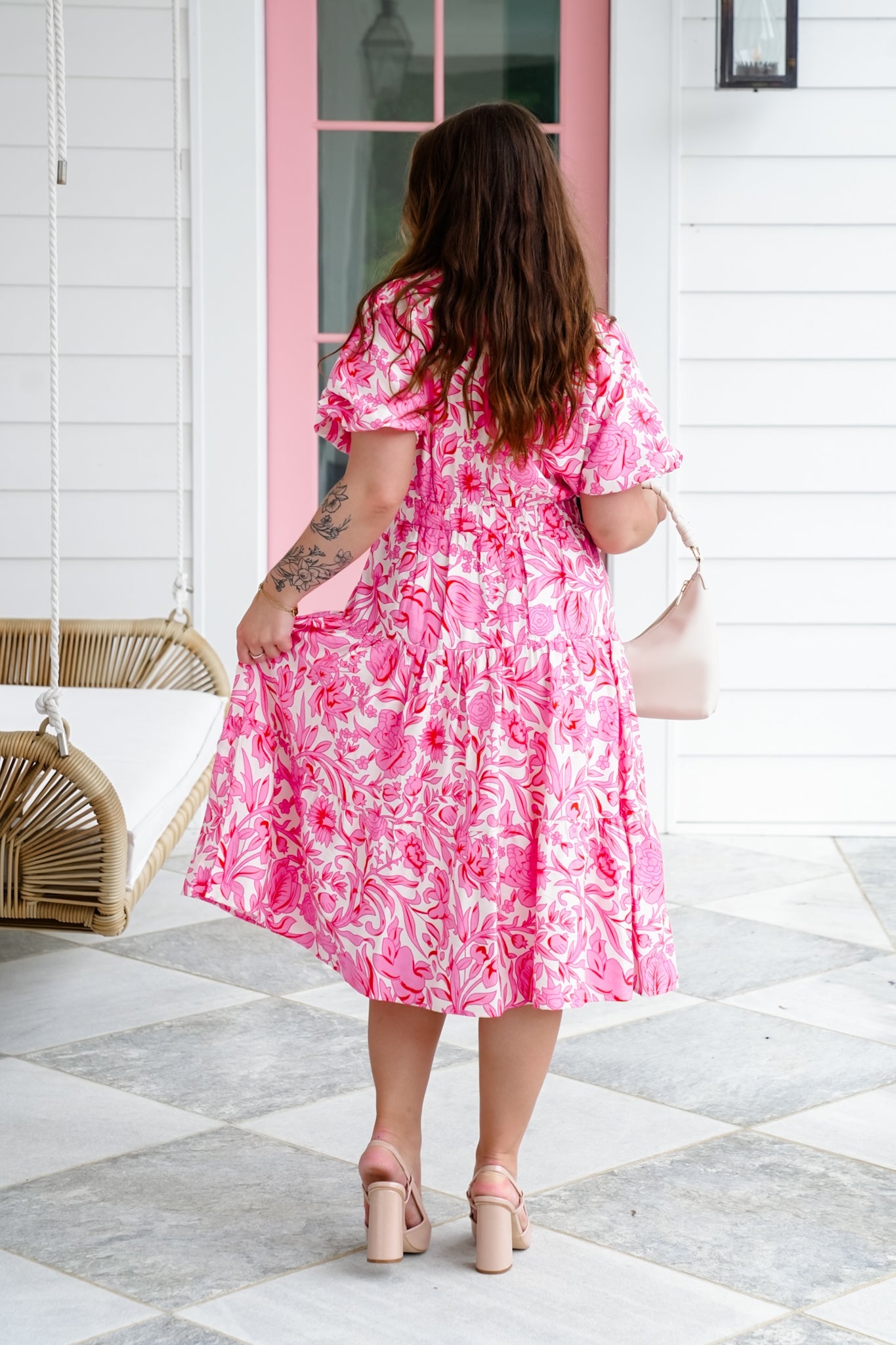 Pink Floral Print Short Balloon Sleeve Button Up Dress