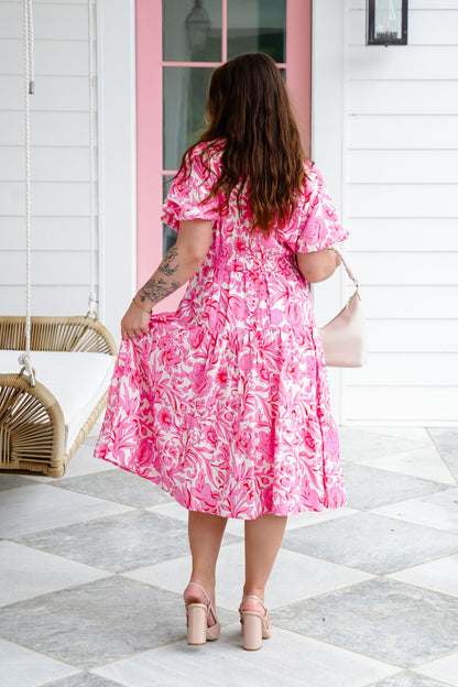 Pink Floral Print Short Balloon Sleeve Button Up Dress