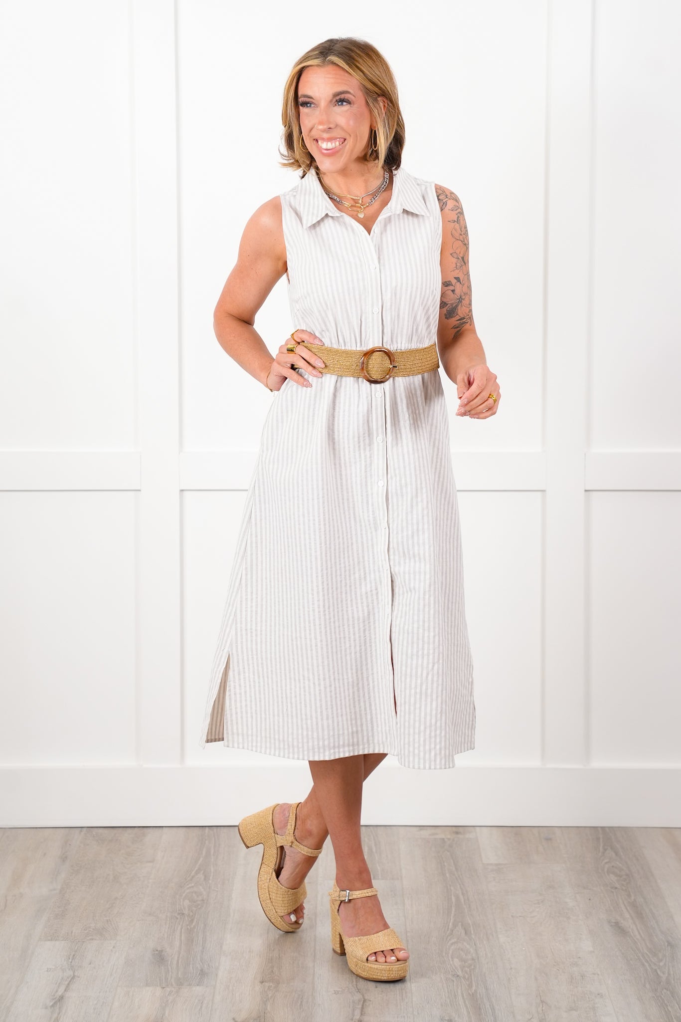 Plus/Reg Sleeveless Stripe Button Down Belted Maxi Dress