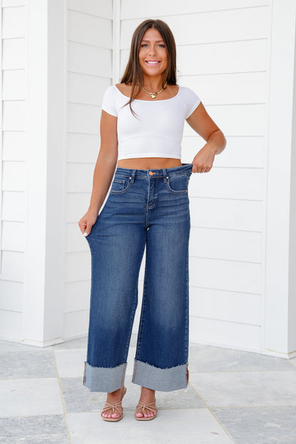 Risen High Rise Dark Wash Tummy Control Cuffed Wide Leg Jeans