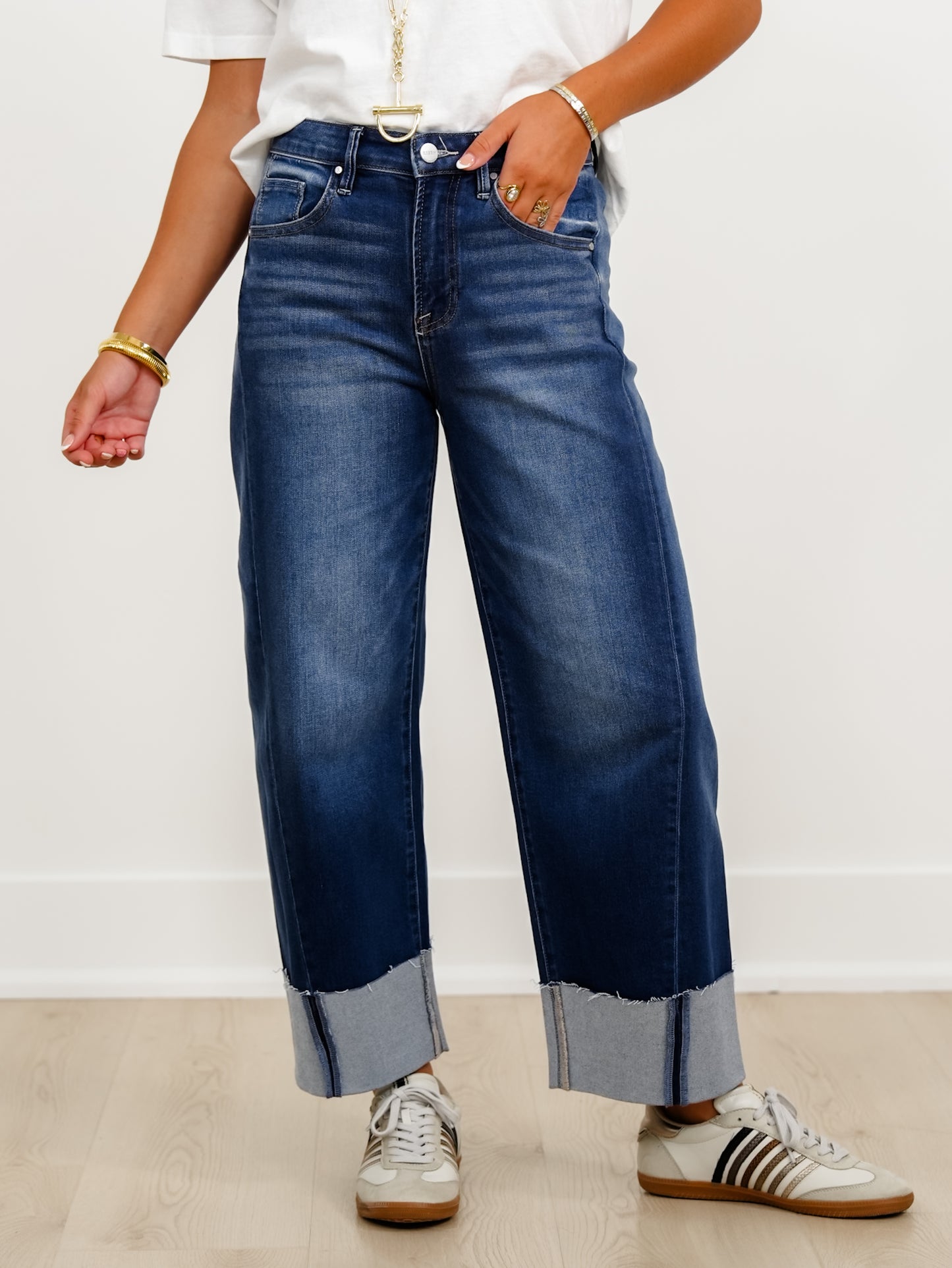 Risen High Rise Dark Wash Slouchy Cropped Cuffed Barrel Jeans