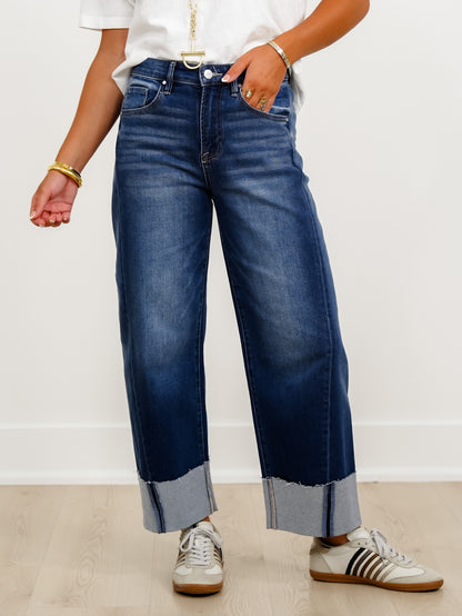 Risen High Rise Dark Wash Slouchy Cropped Cuffed Barrel Jeans