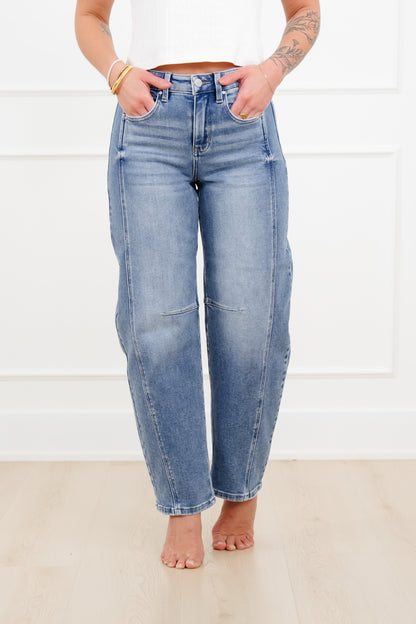 Restock! Risen The Hollis Rise Medium Wash Boyfriend Cuffed Barrel Jeans