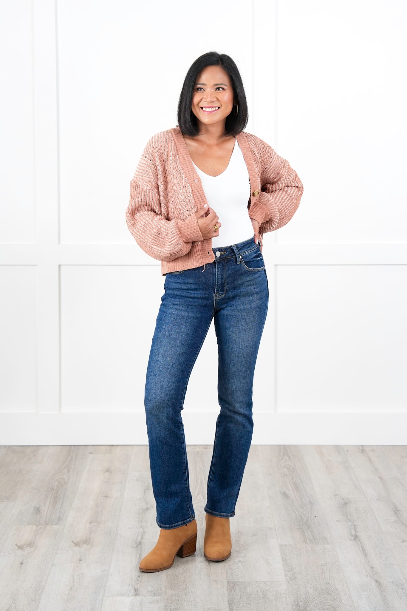 Plus/Reg Two Tone Long Sleeve Button Down Cardigan
