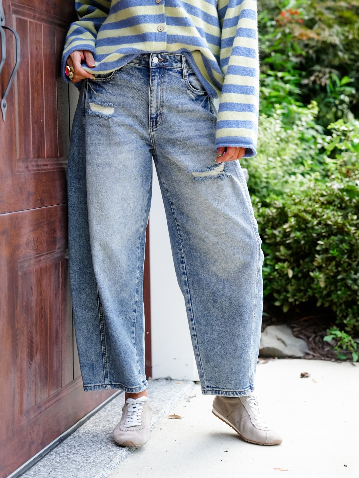 Cello High Rise Medium Wash Barrel Jeans With Side Panels